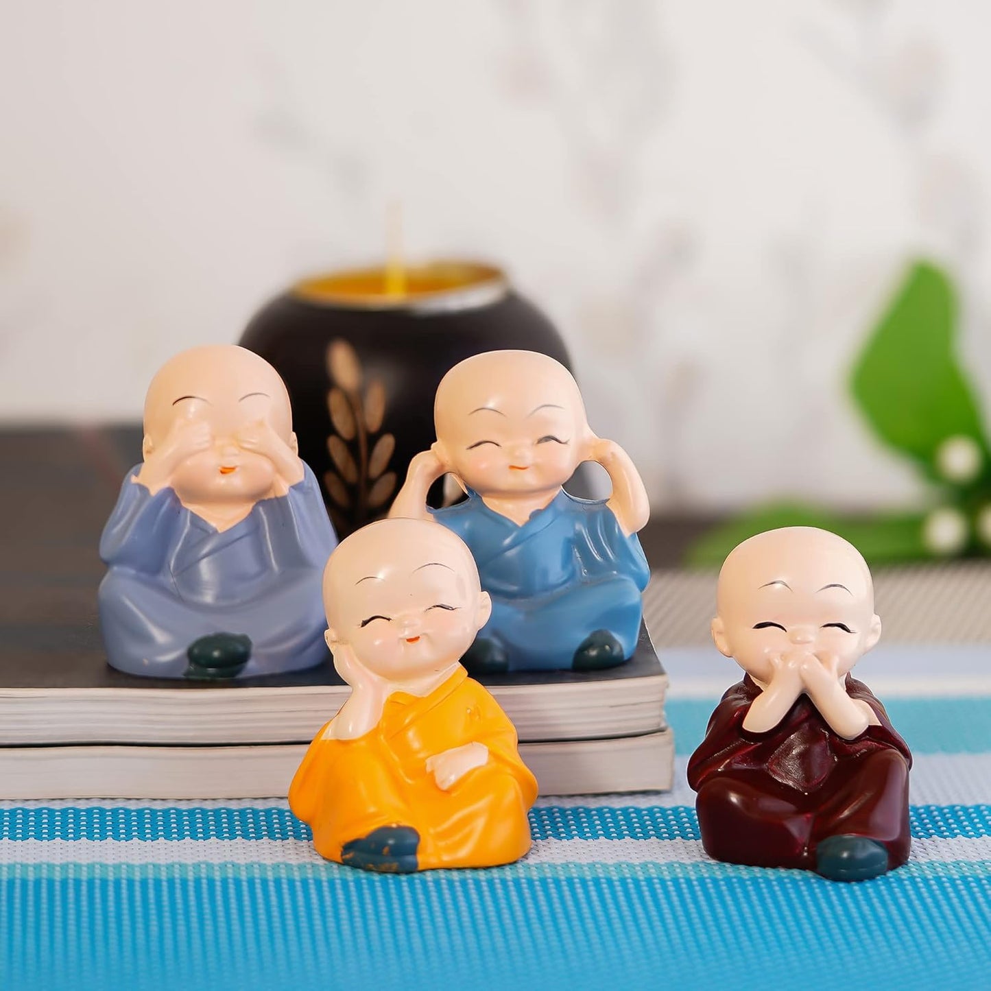 Buddha Monk Set of 4 Statue Figurines Home Decor Items, Decorative Items for Home, Showpiece Cute Mini Idol for Car Dashboard Table Top Decoration Item Living Gift