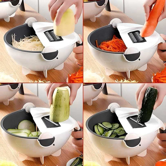 7-in-1 Multifunction Vegetable Cutter with Drain Basket – Large Capacity Slicer, Chopper, Grater (Includes 6 Blades, Multicolor)