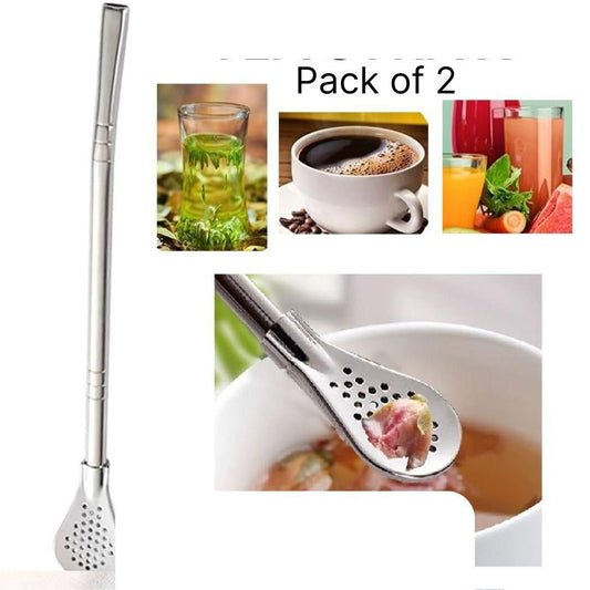 2-in-1 Stainless Steel Drinking Spoon Straws – Reusable Silver Straws with Spoon End (Pack of 2)