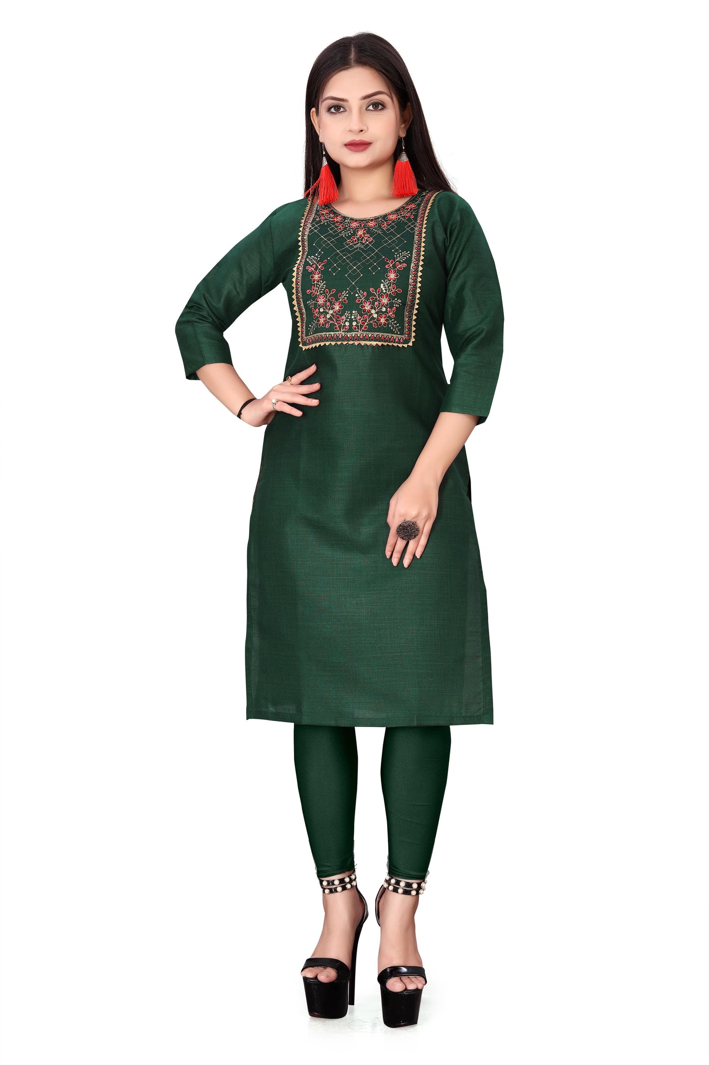 Women’s Embroidered Cotton Slub Kurti – Green, Knee-Length, 3/4 Sleeves, Festive Wear (Stitched, 1 Piece)