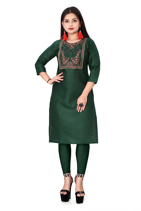Women’s Embroidered Cotton Slub Kurti – Green, Knee-Length, 3/4 Sleeves, Festive Wear (Stitched, 1 Piece)
