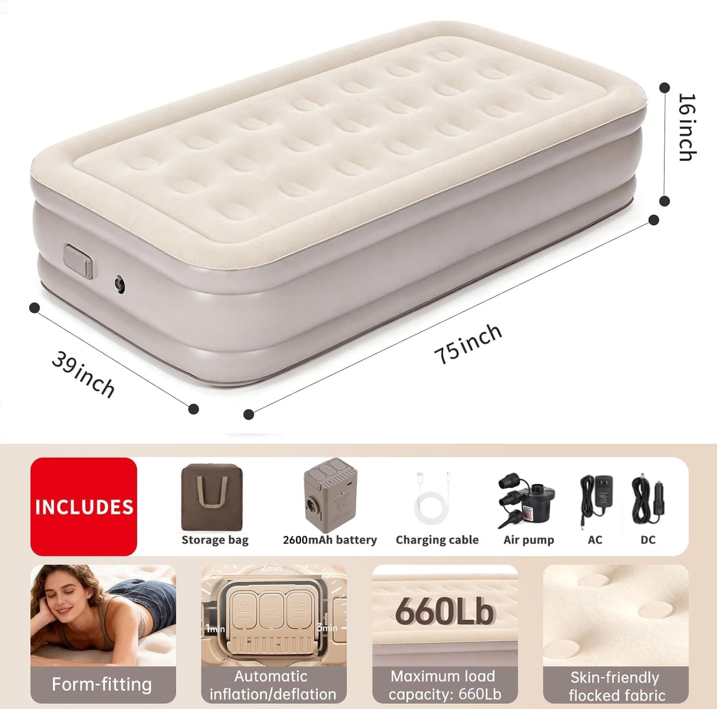 Twin Air Mattress with Built-in Cordless Pump - Removable Lithium Battery, Quick Self-Inflate, Portable for Camping, Guests, Home