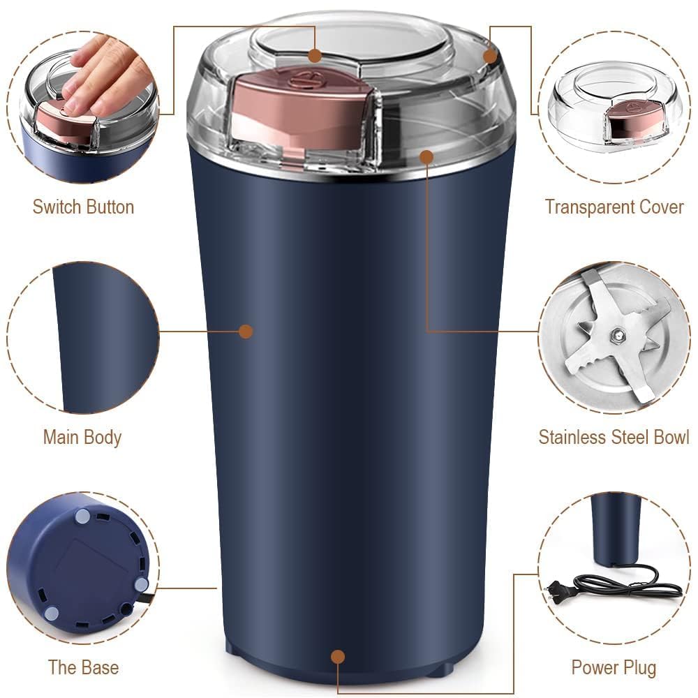 Electric Spice & Coffee Grinder, 200W Stainless Steel Mixer Grinder for Masala & Herbs Grinding Machine for Dry Item, Push Button Control (1, Blue, 200 ml)