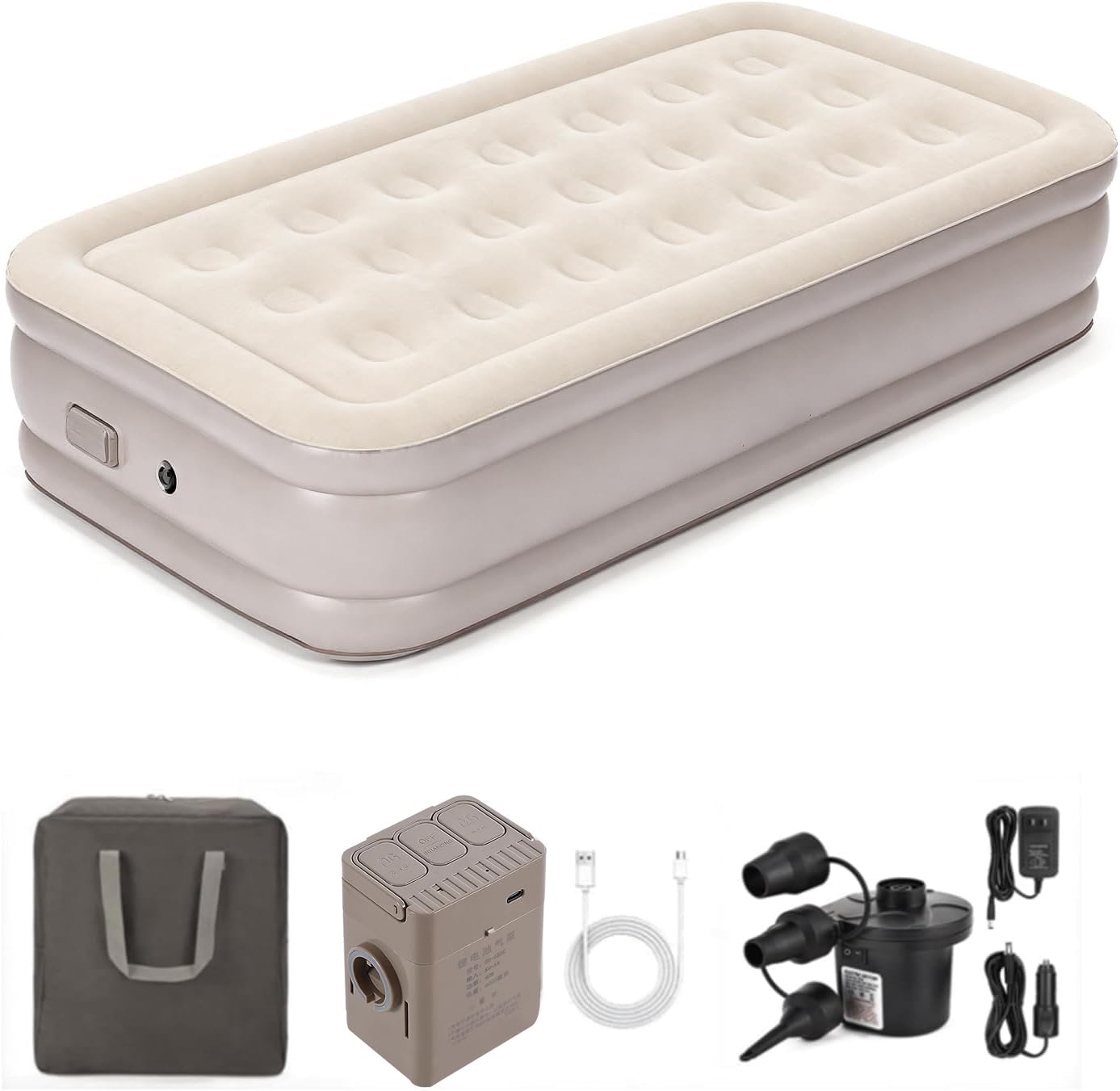 Twin Air Mattress with Built-in Cordless Pump - Removable Lithium Battery, Quick Self-Inflate, Portable for Camping, Guests, Home
