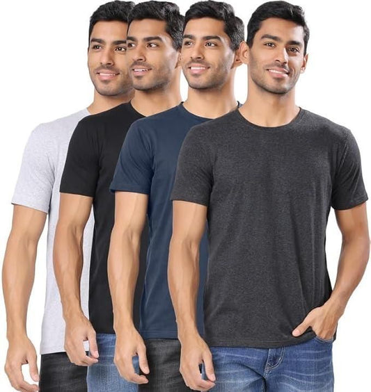 Men’s Polycotton Solid Round Neck T-Shirts – Half Sleeves, Regular Fit, Assorted Colors (Pack of 4)