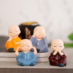 Buddha Monk Set of 4 Statue Figurines Home Decor Items, Decorative Items for Home, Showpiece Cute Mini Idol for Car Dashboard Table Top Decoration Item Living Gift