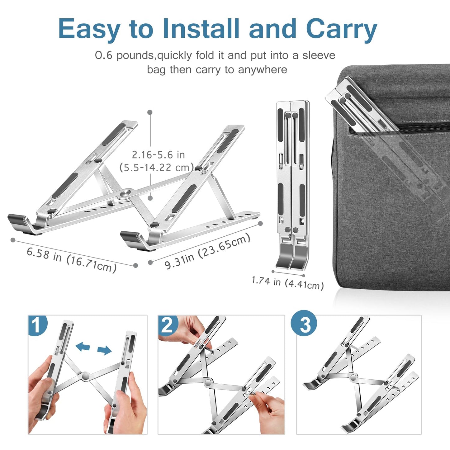 Foldable Portable Adjustable Aluminum Laptop Computer Desktop Tablet Stand, Holder Compatible with MacBook Air Pro, Dell XPS, HP, Lenovo More 10-15.6” Laptops, Silver