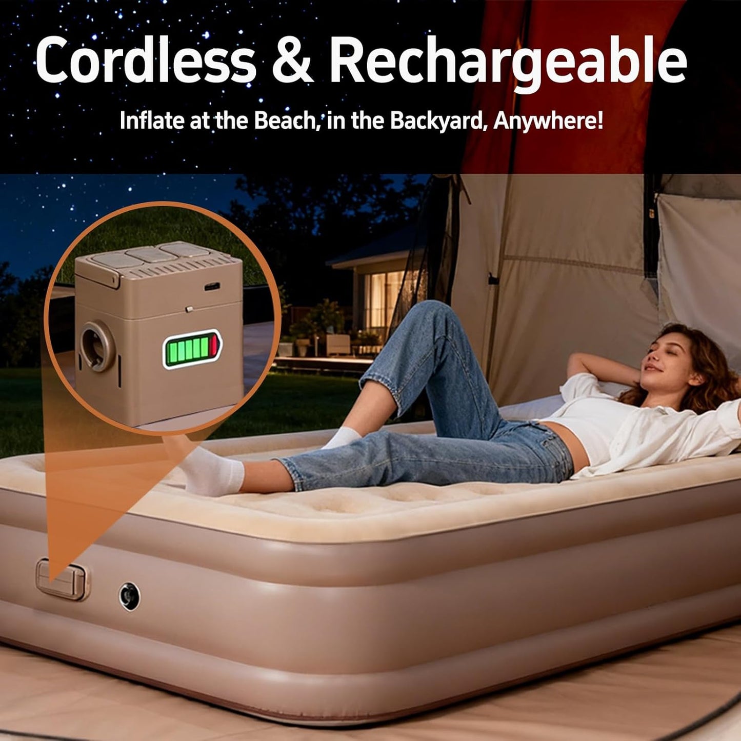 Twin Air Mattress with Built-in Cordless Pump - Removable Lithium Battery, Quick Self-Inflate, Portable for Camping, Guests, Home