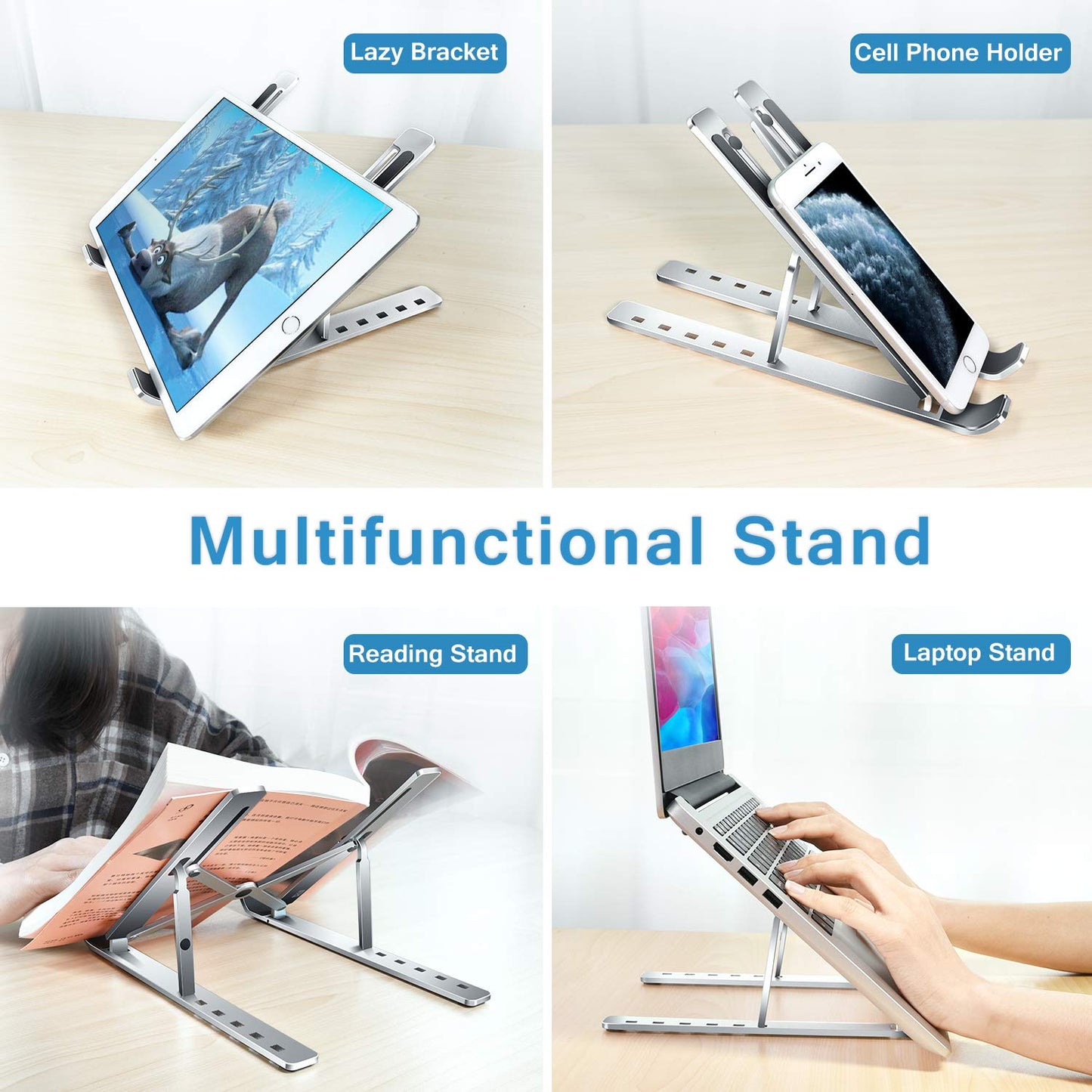 Foldable Portable Adjustable Aluminum Laptop Computer Desktop Tablet Stand, Holder Compatible with MacBook Air Pro, Dell XPS, HP, Lenovo More 10-15.6” Laptops, Silver