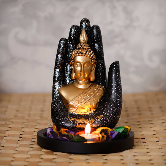 eCraftIndia Golden Silver Handcrafted Palm Buddha – With Wooden Base, Fragranced Petals & Tealight (Pack of 1)