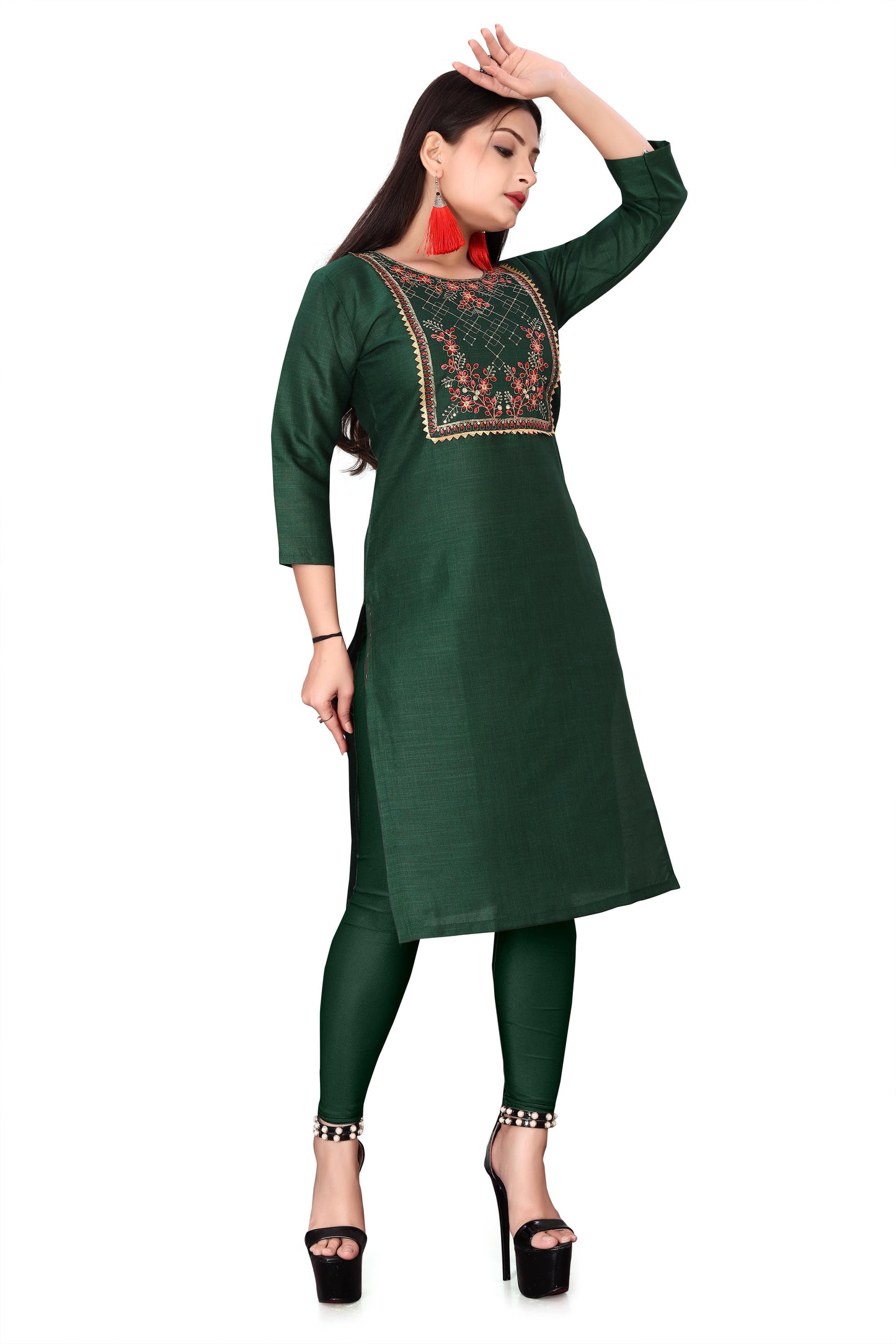 Women’s Embroidered Cotton Slub Kurti – Green, Knee-Length, 3/4 Sleeves, Festive Wear (Stitched, 1 Piece)