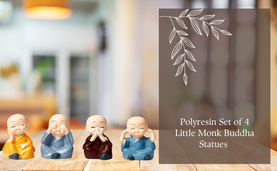 Buddha Monk Set of 4 Statue Figurines Home Decor Items, Decorative Items for Home, Showpiece Cute Mini Idol for Car Dashboard Table Top Decoration Item Living Gift