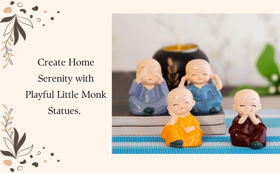 Buddha Monk Set of 4 Statue Figurines Home Decor Items, Decorative Items for Home, Showpiece Cute Mini Idol for Car Dashboard Table Top Decoration Item Living Gift