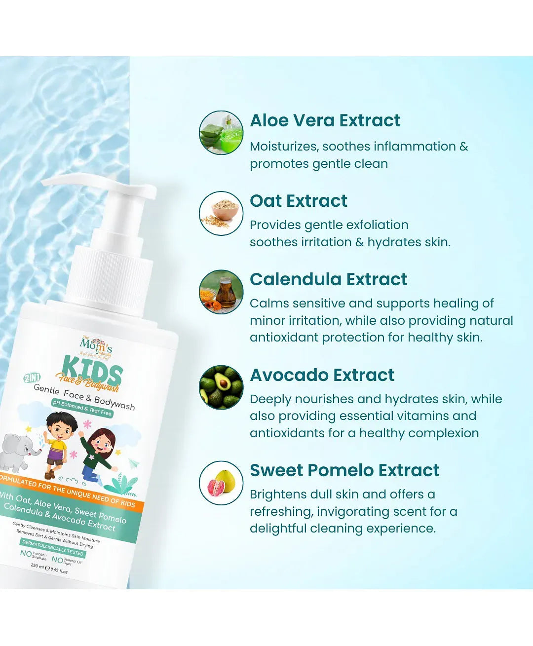 The Mom's Umbrella 2 in 1 Gentle Face and Body Wash with Oats, Aloe Vera, Sweet Pomelo Calendula & Avocado Extract - 250 ml
