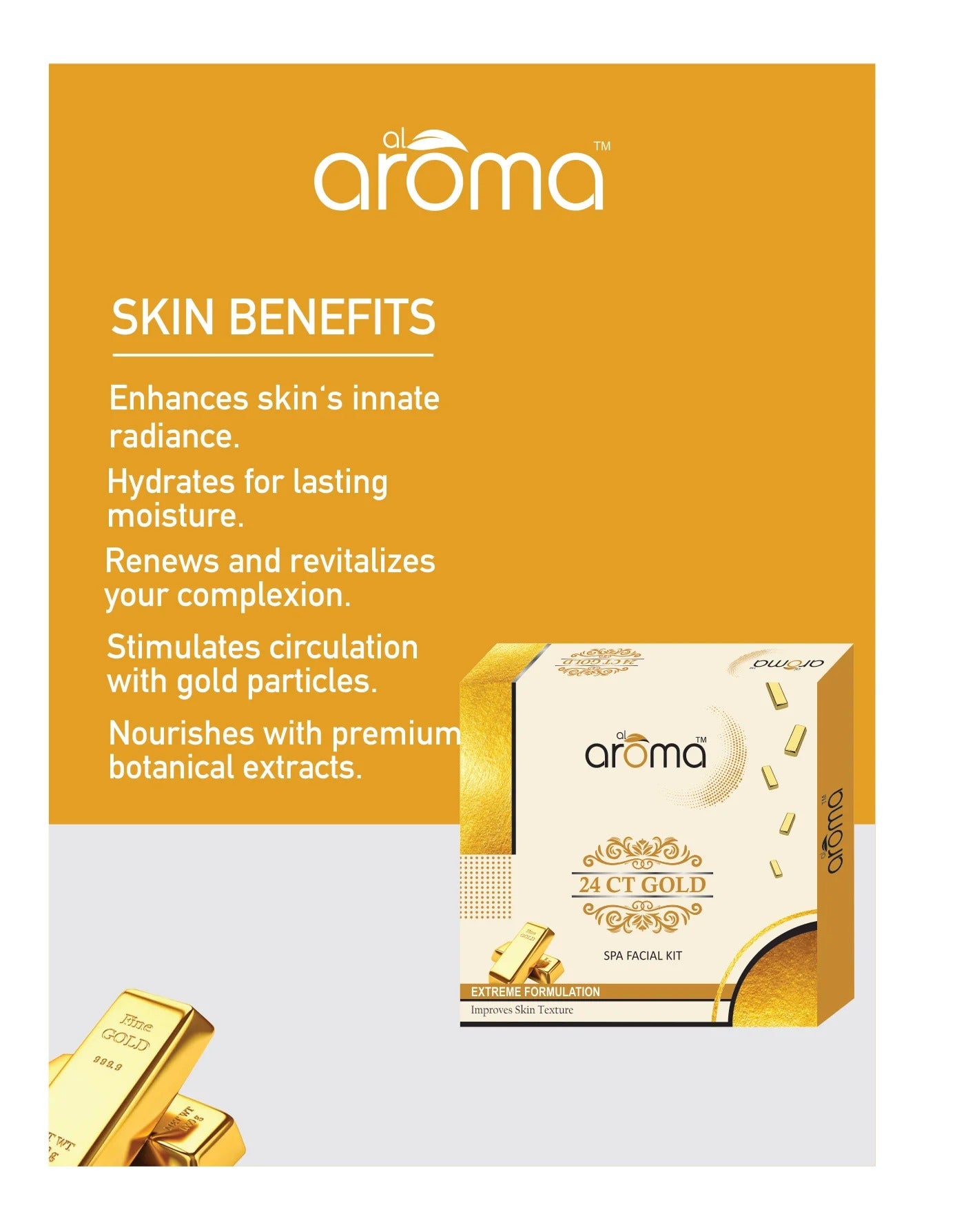 Alaroma 24K Gold Spa Facial Kit — Radiance Boost & Skin Firming Treatment for Glowing Skin (125 gm & 290 gm)