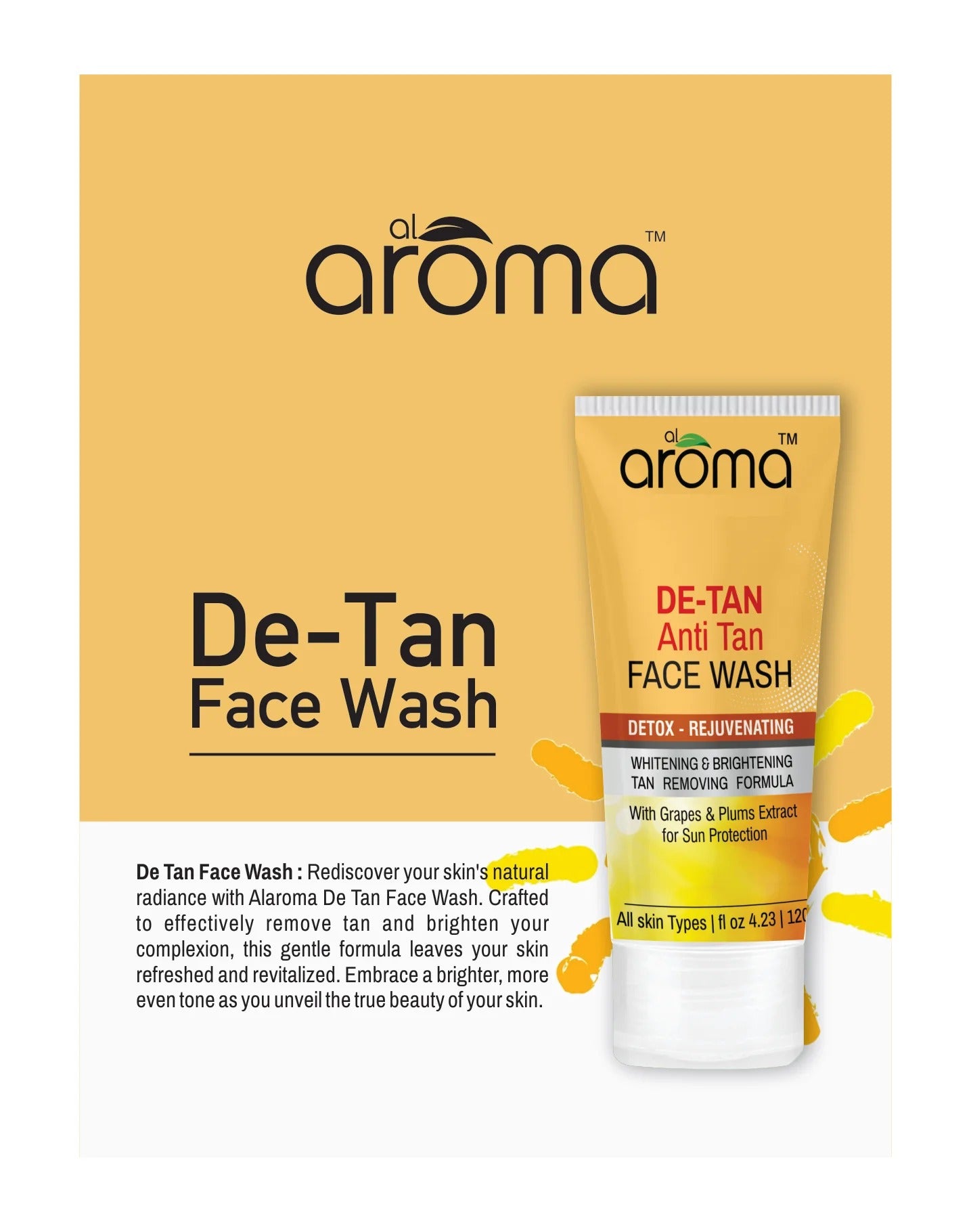 Alaroma De Tan Face Wash 120g — Tan Removal Cleanser for Brighter, Even-Toned Skin