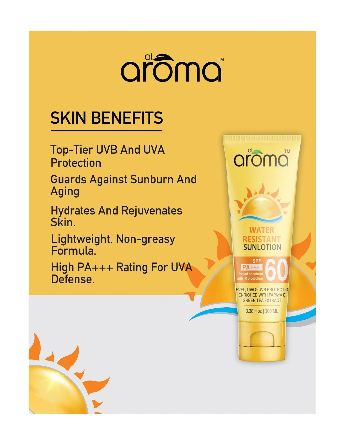 AlAroma Leafs Sunscreen SPF 60 PA+++ with Papaya & Green Tea Extract – Advanced Brightening & Protection (100 ml)
