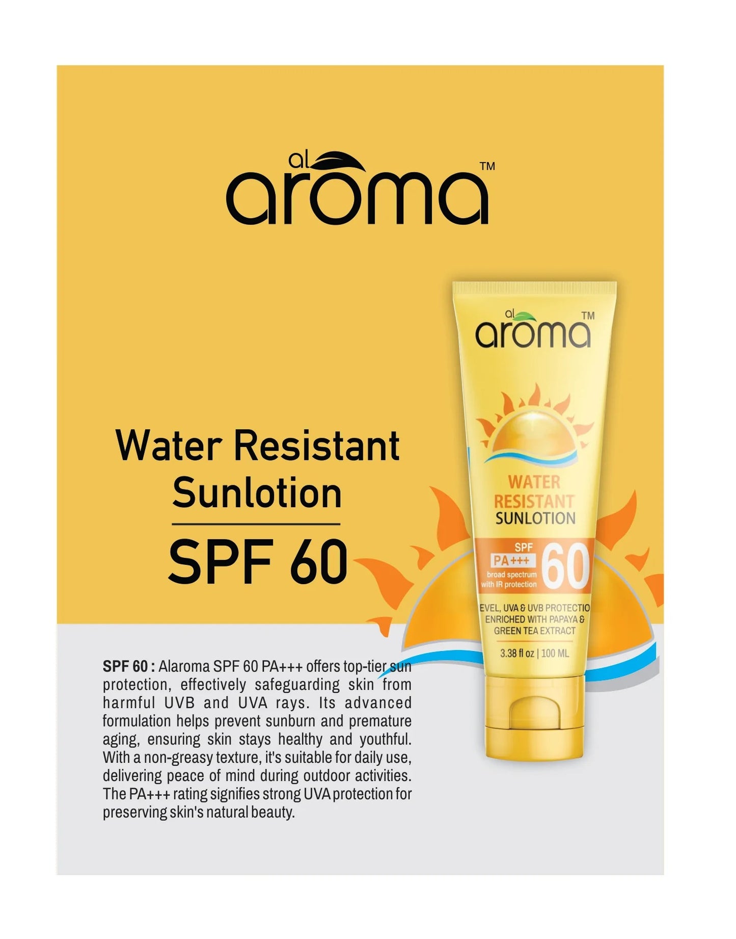AlAroma Leafs Sunscreen SPF 60 PA+++ with Papaya & Green Tea Extract – Advanced Brightening & Protection (100 ml)